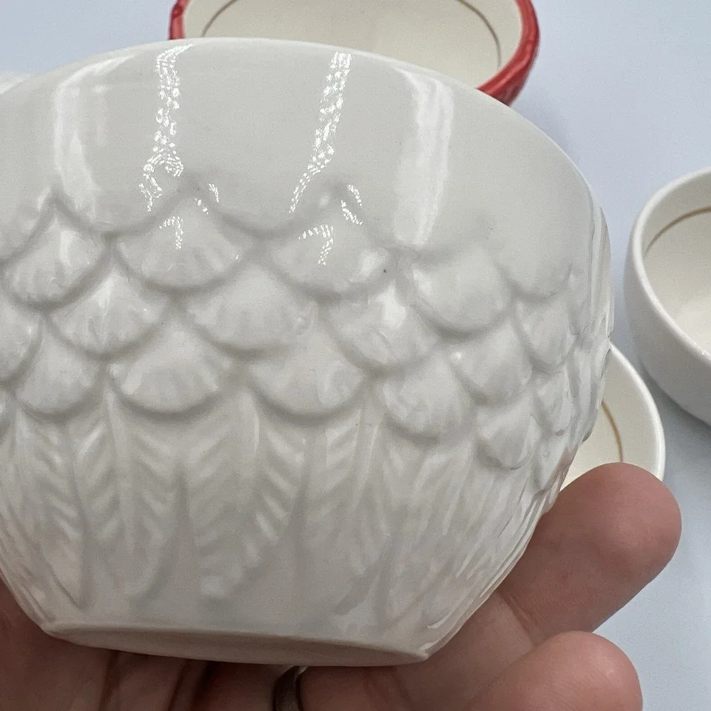 Anthropologie Owl Nested Measuring Cups Ceramic Hand‎ Painted Red Scarf
